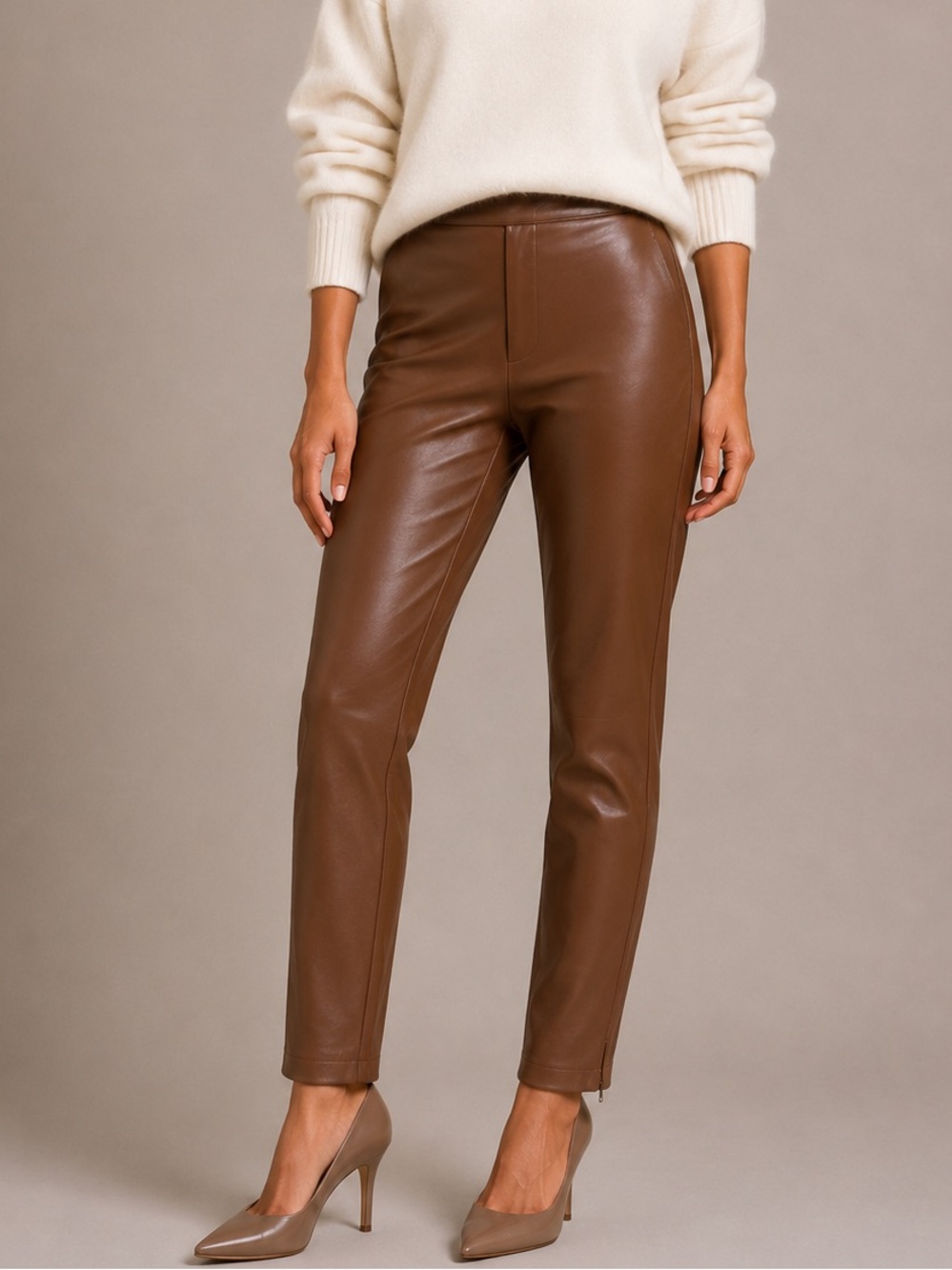 Zara Faux Leather Pants Mid Camel Women Sz M Camel Slim Leg Ankle Zip Quite Lux